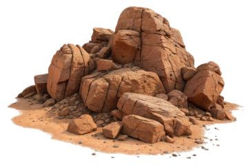 Large pile of rough textured reddish brown granite boulders and rocks isolated on transparent background