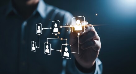 Human resources specialist presenting an organizational chart for business network analysis, hierarchy and career path development.