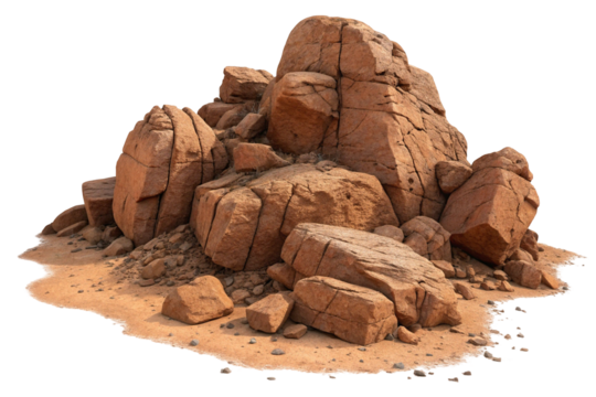 Large pile of rough textured reddish brown granite boulders and rocks isolated on transparent background