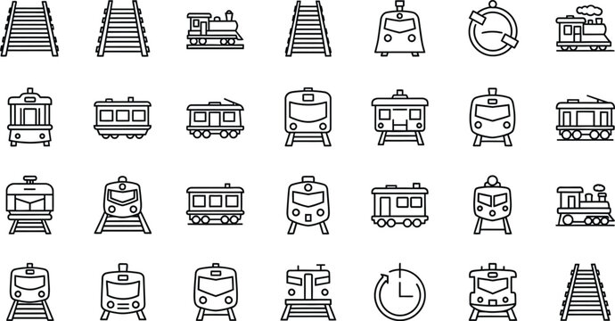 A collection of train related icons and symbols displayed in a grid pattern on a white background