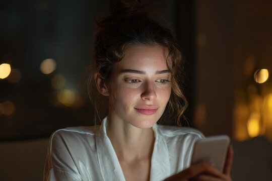 Close up of a young beauty vlogger on a phone at home in the evening