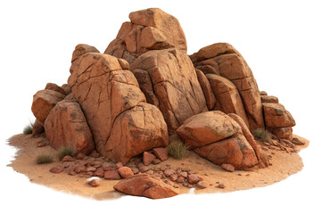 Large pile of weathered red desert rocks and sand with sparse vegetation isolated on transparent background
