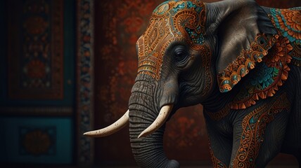 Ornate elephant, adorned with intricate patterns