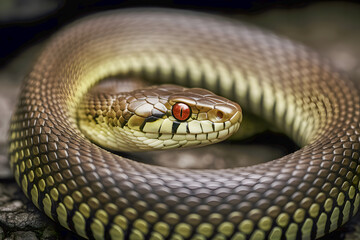 Fototapeta premium A snake is curled up on a log