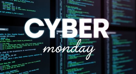 Cyber monday text overlayed on a background of computer code and programming