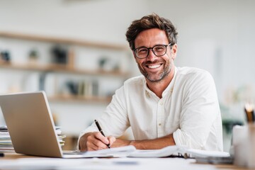Fototapeta premium Confident businessman working remotely with a laptop and notes