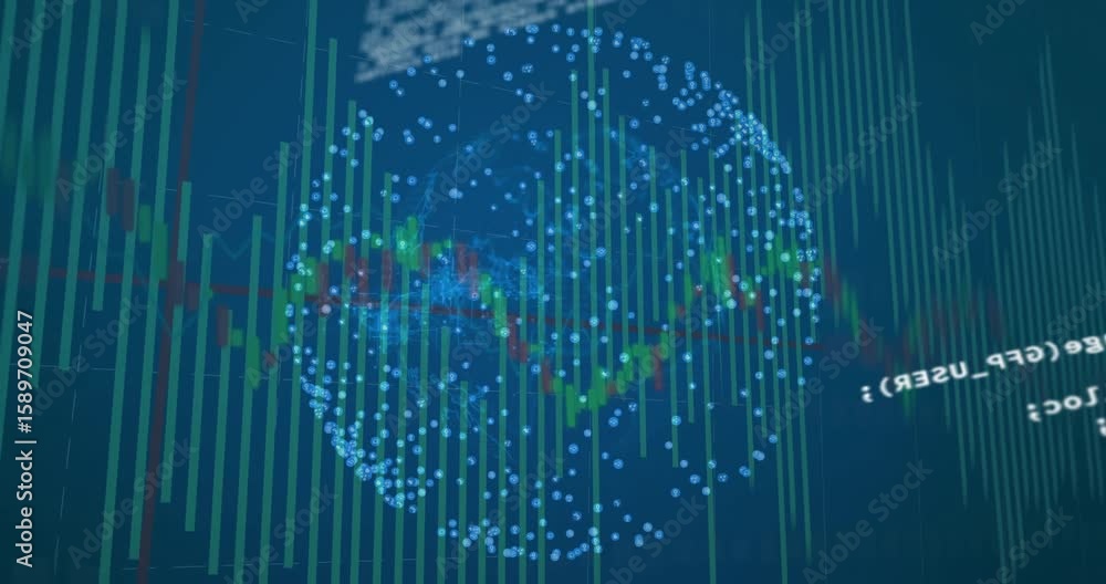 Poster At update globe forming and rotating while bars shifting and code scrolling showing live analytics