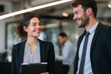 Content professionals conversing in a contemporary office setting