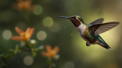 Hummingbird in flight, flowers bokeh