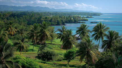 An idyllic and breathtaking panoramic view of a lush tropical coastline, where verdant palm groves meet the serene turquoise ocean under a blue sky
