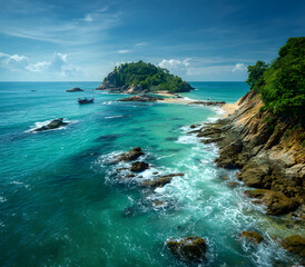 Scenic Phuket landscape.Seascape and paradisiacal idyllic beach. Scenery Thailand sea and island .Adventures and exotic travel concept