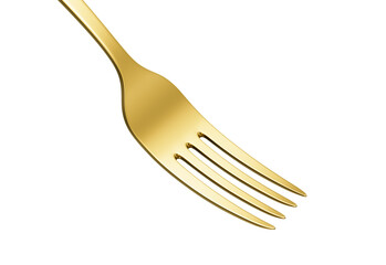 A close-up of a sleek gold fork with polished tines and a reflective surface. 3d illustration