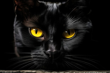 close-up front view of a black cat yellow eyes peering from the darkness ai generate vector