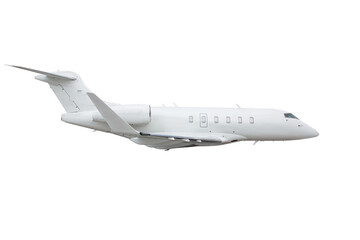 White luxury private aircraft flying isolated