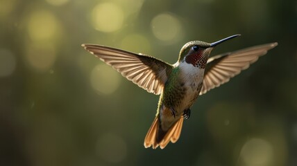 Hummingbird in flight, vibrant colors, bokeh background