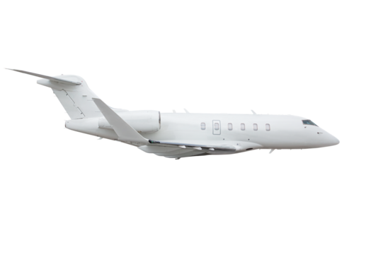 White luxury private aircraft flying isolated