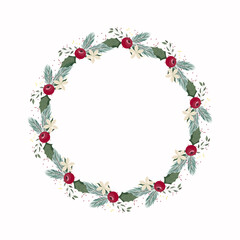 Christmas wreaths made of spruce branches, berries, flowers and pinecones. Decor elements for Christmas and Christmas designs. Vector illustration.