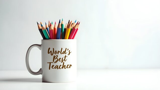White mug filled with colorful pencils; "World's Best Teacher" inscription; minimalist, appreciation theme.