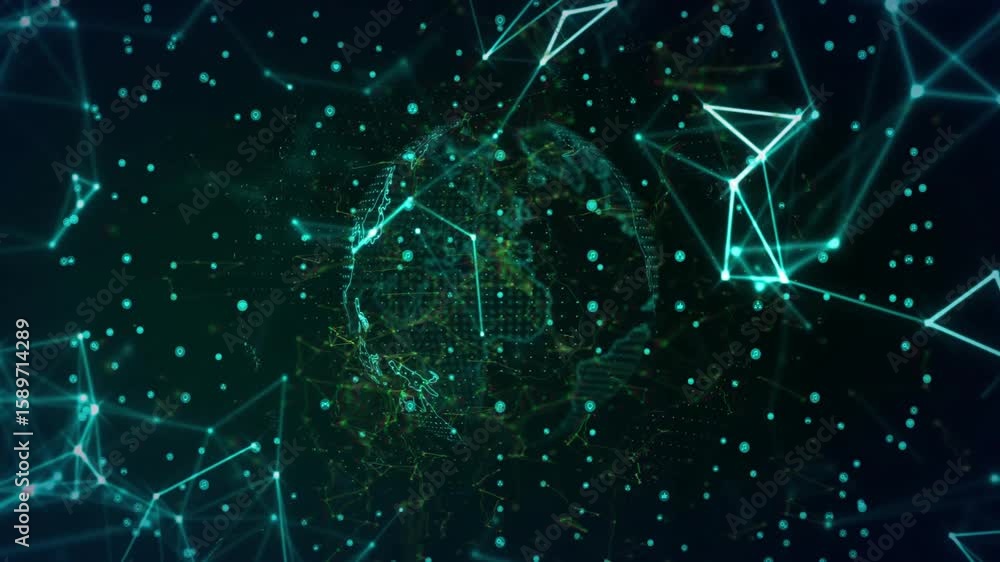 Poster after teal nodes glowing 3d globe rotating westward while mesh pulsing visualizing data network