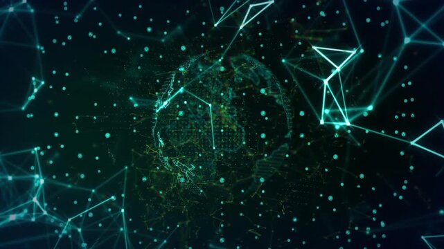 After teal nodes glowing 3D globe rotating westward while mesh pulsing visualizing data network