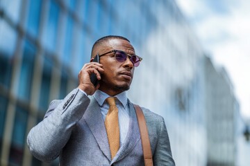 Executive conversing via phone in an urban setting