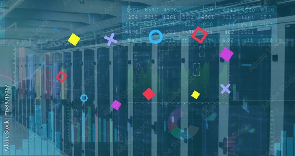 Poster starting numeric streams scrolling across server racks graphs rising shapes drifting, showing data
