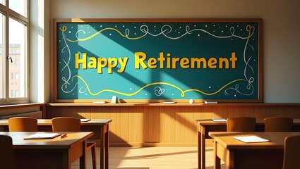 Sunny Classroom Chalkboard: Happy Retirement Announcement, Festive Decor, Joyful Mood