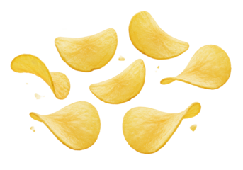 Golden yellow, thinly sliced potato chips with crisp edges and natural curves, suspended gracefully mid-air against a transparent seamless background, captured from a high angle with bright, diffuse