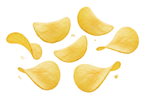 Golden yellow, thinly sliced potato chips with crisp edges and natural curves, suspended gracefully mid-air against a transparent seamless background, captured from a high angle with bright, diffuse