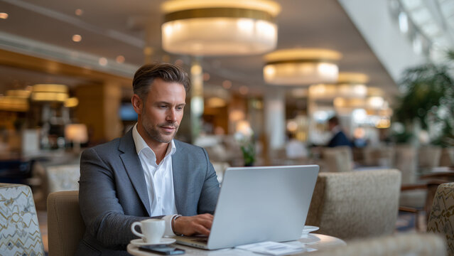 A businessman in formal attire working on a laptop in an exclusive airport lounge corner. A coffee cup rests nearby. The space features elegant lighting, modern decor, and a quiet, private vibe.