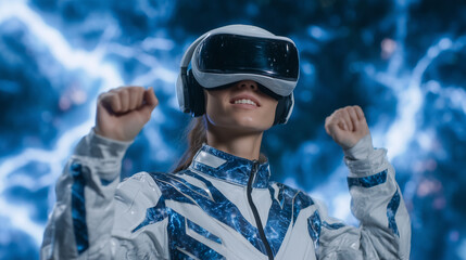 A woman gamer in a dark neon-lit room fully immersed in a VR battle simulation. Her movements are tracked by motion sensors, and the background displays digital sparks, energy puls