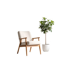 Modern armchair with white fabric and plant on white studio background on transparent background