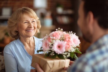 Celebration of family joyful son gifts flowers to his elderly mother at home for her birthday and Mother s Day