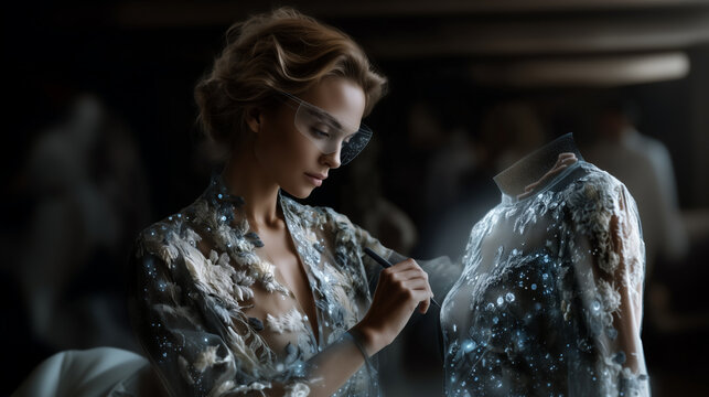 A fashion designer woman working in a digital atelier, creating interactive clothing with embedded smart fibers. 3D fabric patterns shift in real-time on virtual mannequins, and sh
