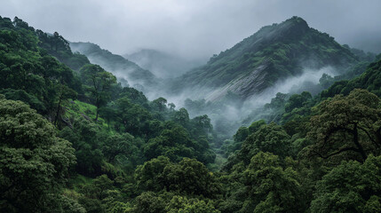 Serene view of a lush green forest in a mountain valley covered with morning mist and fog