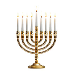 Fototapeta premium Elegant Menorah with Candles for Hanukkah Celebration Isolated on White Background