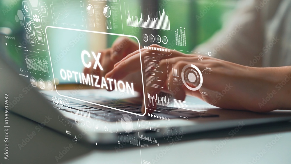 Poster hands typing on keyboard with digital interface for customer experience optimization in modern works