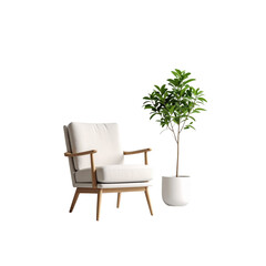 Modern armchair and plant create a serene and inviting atmosphere on transparent background
