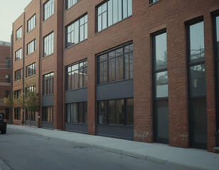 modern multi story brick building with large windows in urban setting
