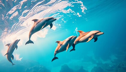 Joyful dolphins arc through vibrant, swirling underwater paradise,  playful dolphins,  jump