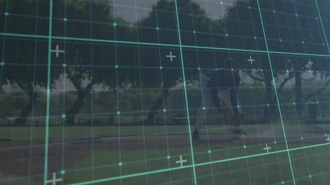 Baseball infielder tracking ball scooping underhand throwing for sports analytics grid overlay