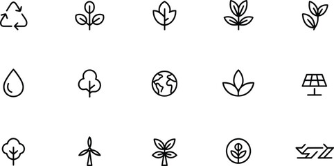 Collection of eco friendly icons for sustainability and nature conservation silhouette