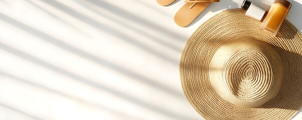 Summer essentials flat lay featuring straw hat, flip flops and sunscreen for vacation vibes