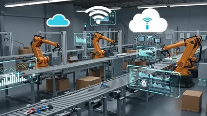 Advanced robotic assembly line in a modern factory showcasing automation and connectivity - Powered by Adobe