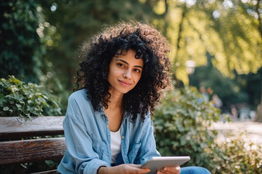 Attractive young Brazilian woman with curly black hair sits outdoors on a park bench using a tablet - Powered by Adobe