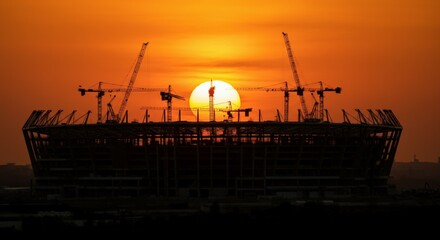Obraz premium Construction Site Silhouetted Against Dramatic Sunset with Tower Cranes.