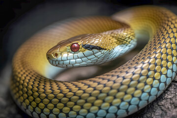 A snake is curled up on a rock