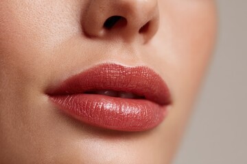 Naklejka premium Detailed image of a woman s lips with natural lipstick highlighting beauty and wellness