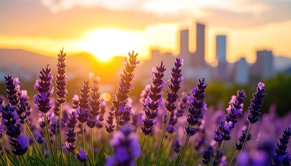 Naklejka premium Lavender field at sunset, city skyline in the background