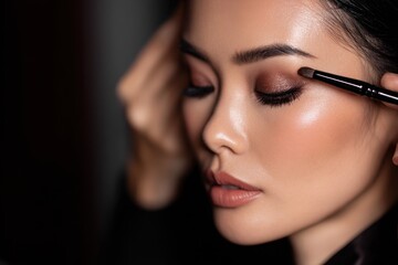 Attractive young Asian woman with a professional makeup artist applying eyeshadow Flawless complexion natural makeup skin care